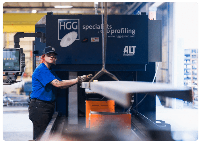 CNC Plasma Profiler: Robotic arm with high definition plasma cutting, coping, beveling, and hole burning for material up to 1" thick, 12" wide, and 24' long